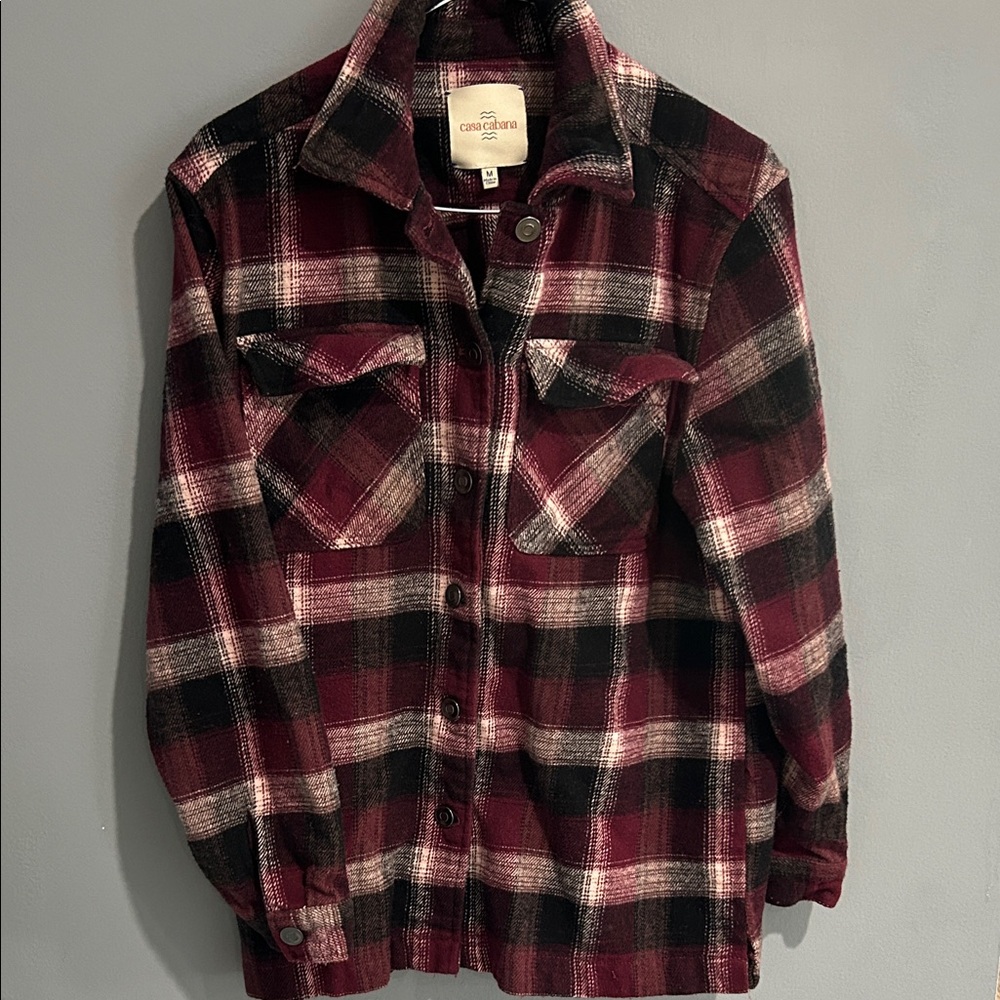 ☀️Casa Cabana Women's Plaid Cardigan - Burgundy and Black